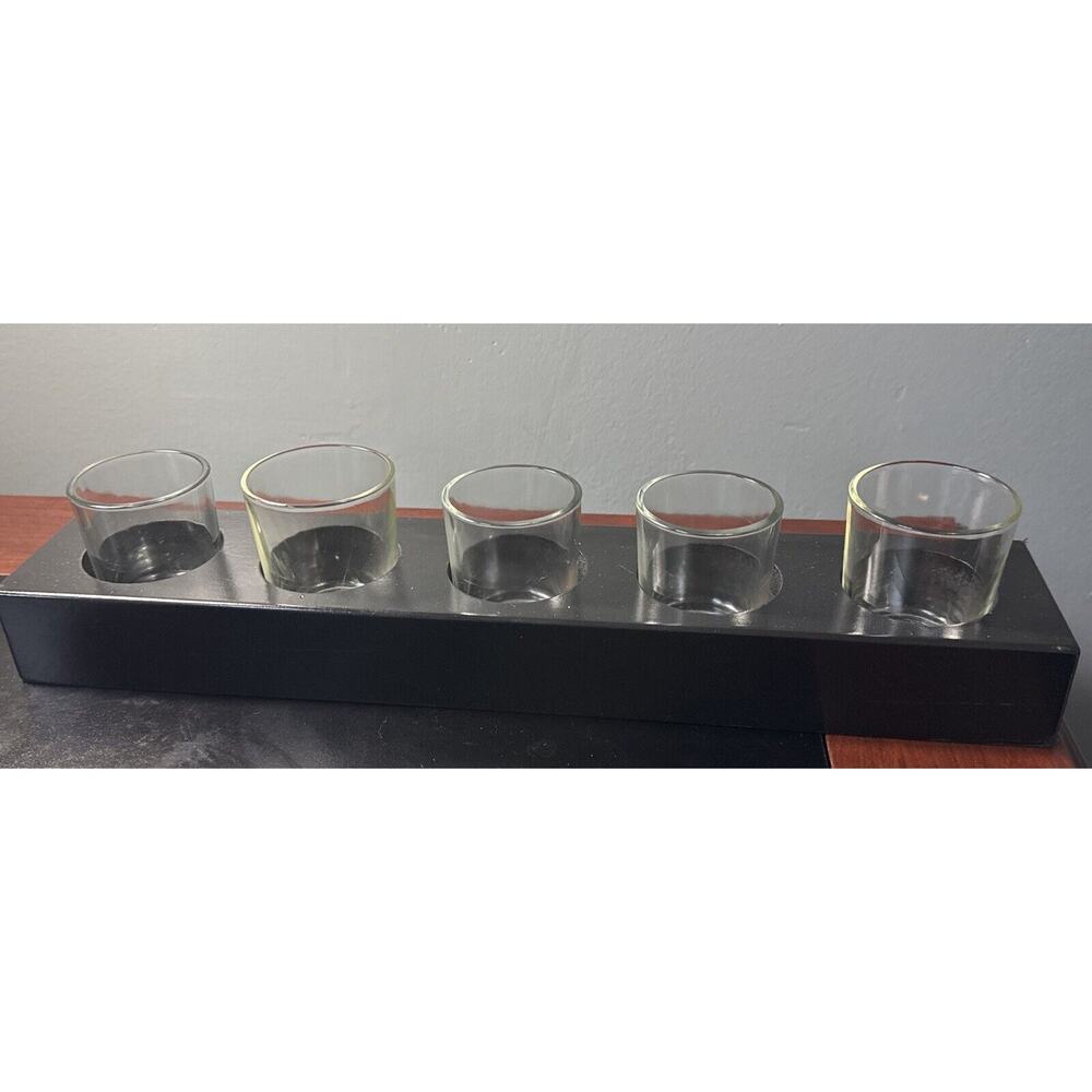 Rustic Wooden Tealight Candle Holder, Black 5 Glass Tea Lights (15.25” Long)